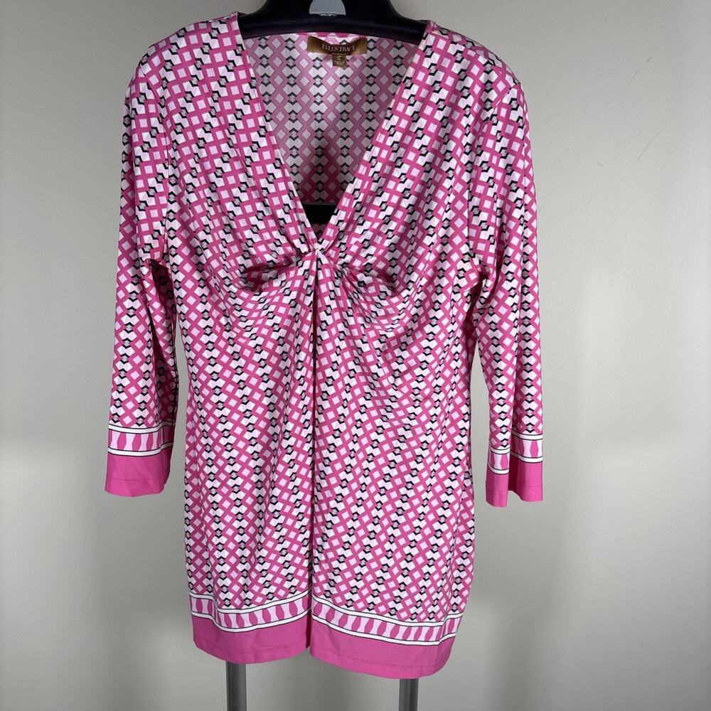 Ellen Tracy Pink, Black & White Geometric Print Ruched Top Tunic Women's Small